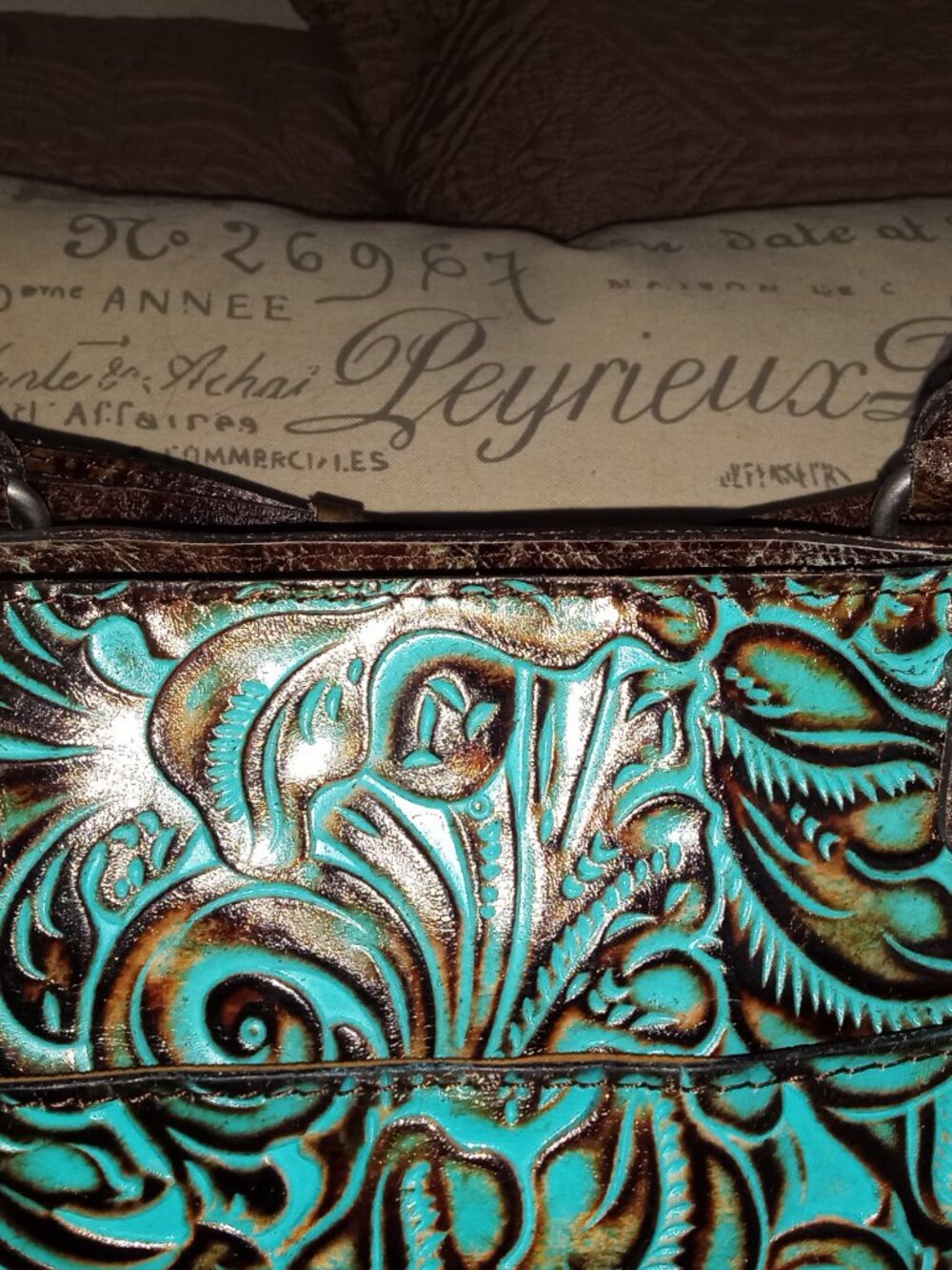 Patricia Nash Turquoise Brown Tooled Leather Satchel Crossbody Bag - Picture 2 of 10